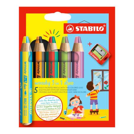 STABILO Buntstifte/Wachsmalstifte woody 3 in 1 duo 5er Set + Spitzer