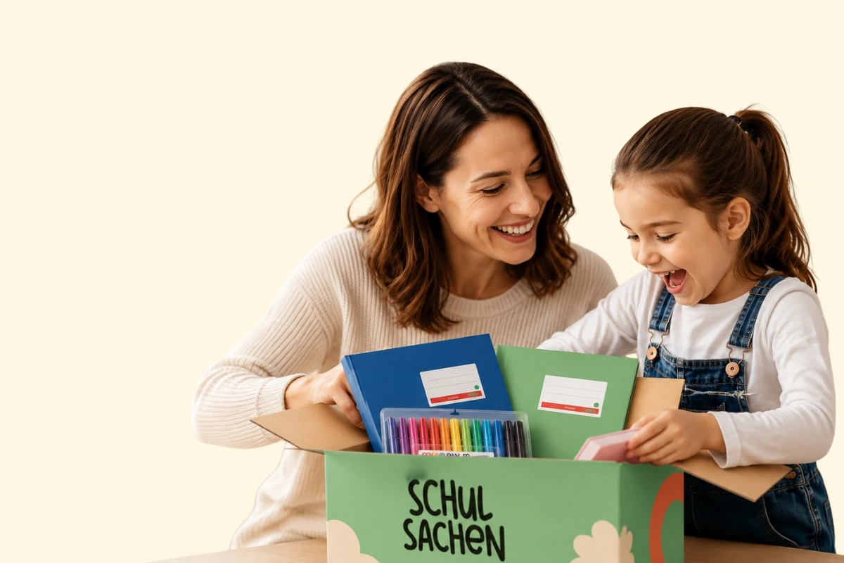 Mutter und Kind packen Schulsachen aus