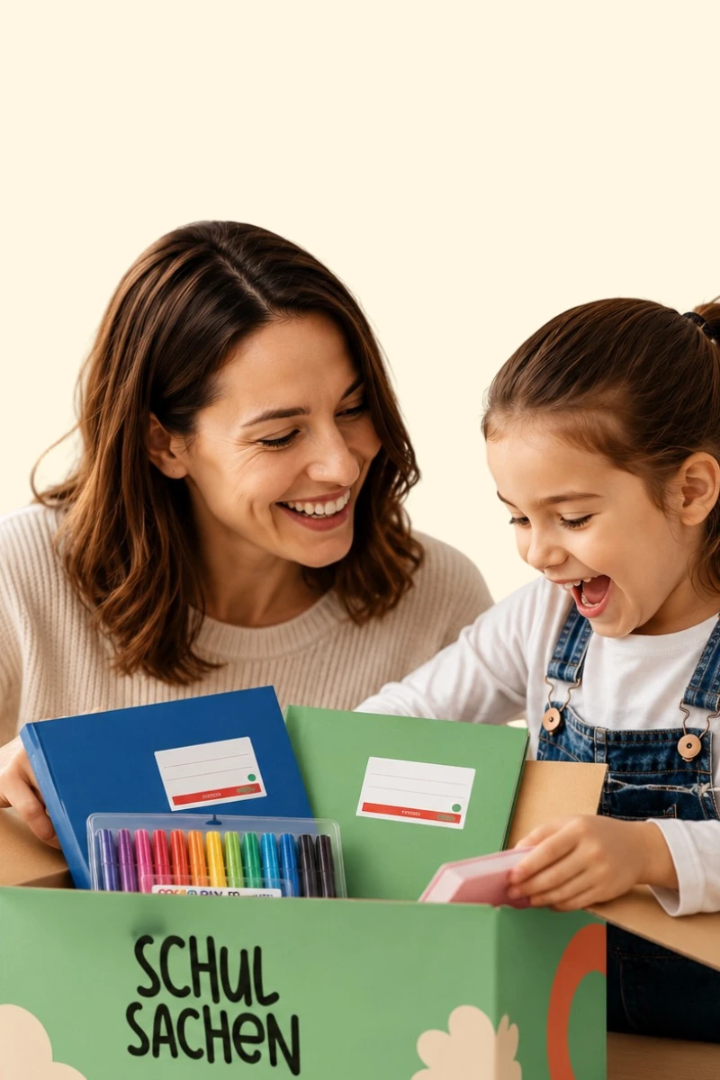 Mutter und Kind packen Schulsachen aus